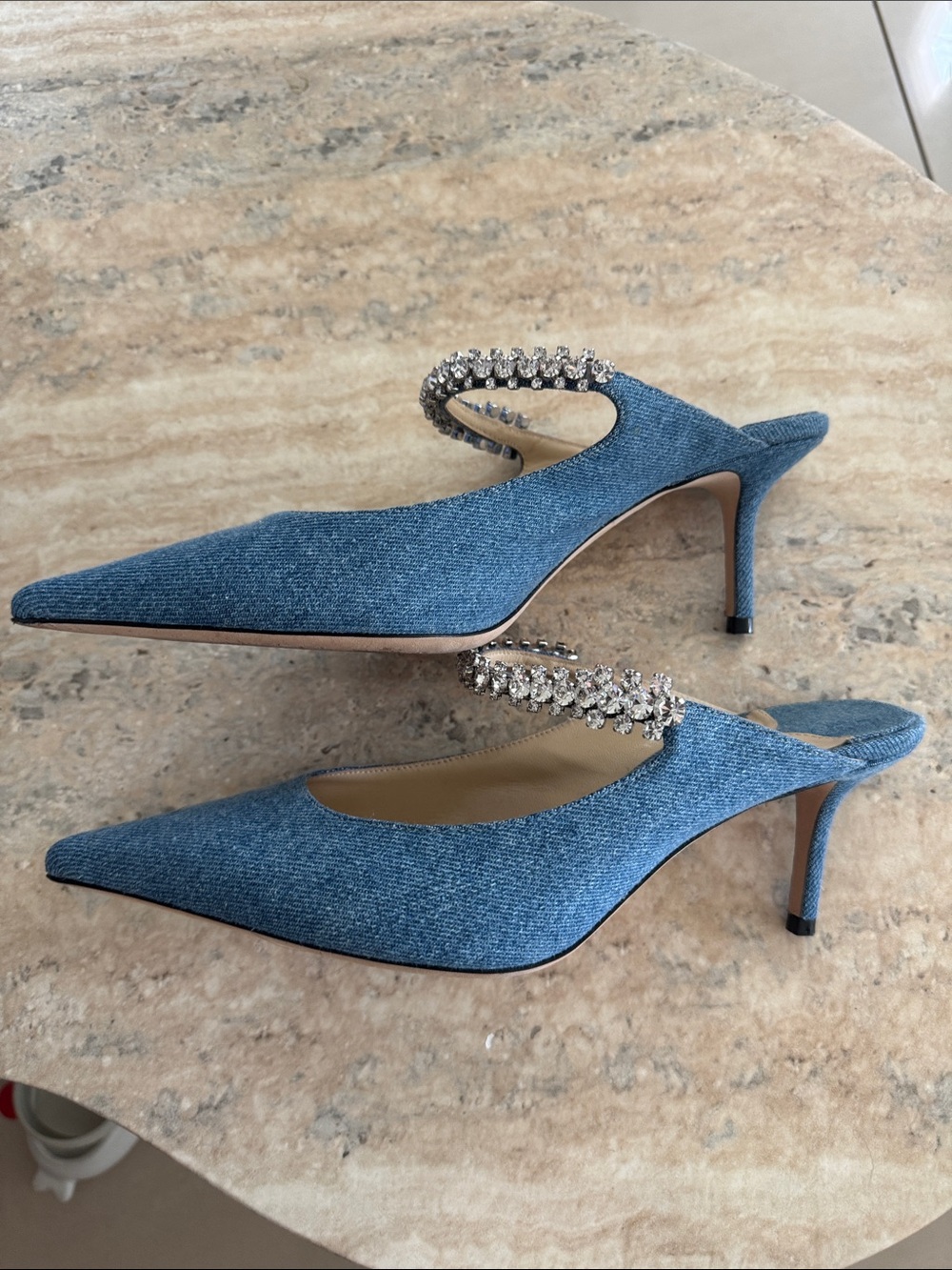 Jimmy Choo Bing 65 Blue Denim Pointed Mules with Crystal Strap - Picture 2 of 4